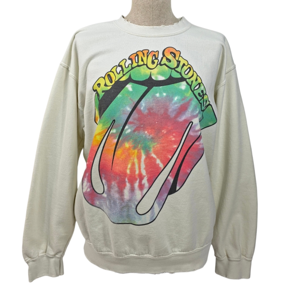 MadeWorn Rolling Stones Tie Dye Sweatshirt Distressed Off White Size S